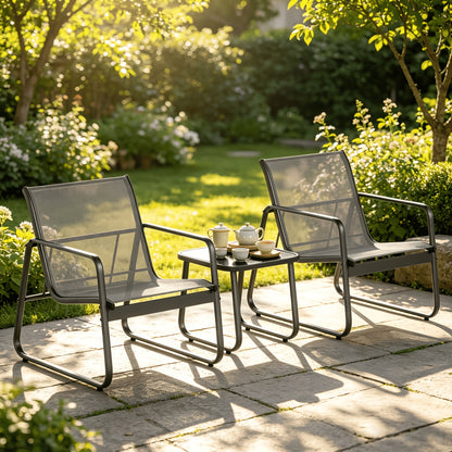 Patio Chairs Set of 3, Patio Furniture Set with Metal Frame Glass Table, Outdoor Chairs Set of 3 for Balcony, Bistro Table And Chairs Set for Lawn, (Black, Gray)
