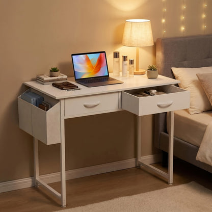 Small Makeup Vanity Desk 32" with Hair Dryer Hook & Side Bag – Compact Dressing Table with Storage Drawers, Modern Study Writing Desk for Small Spaces & Bedroom