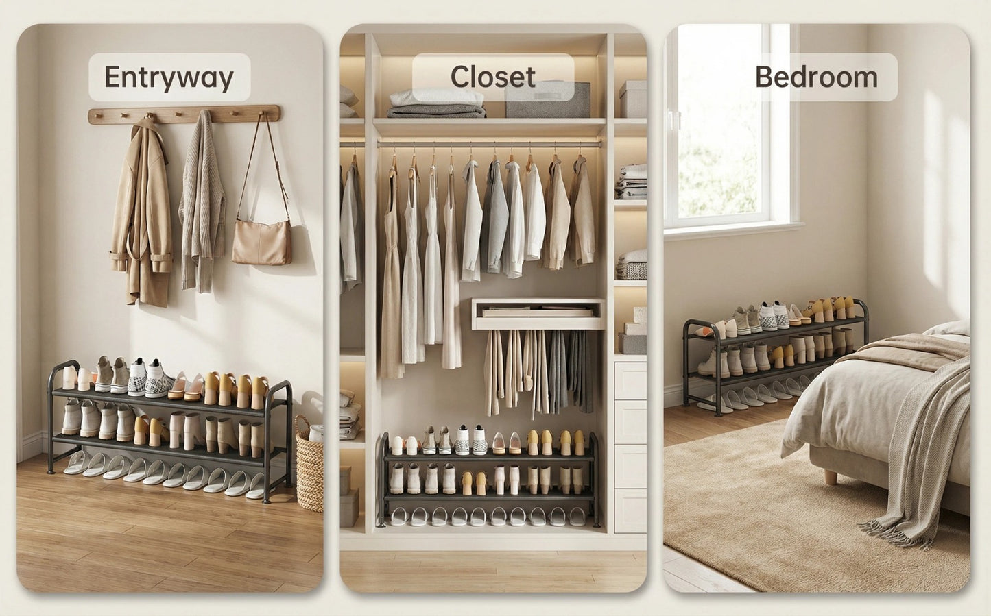 Stackable Shoe Rack Organizer 2 3 4 Tier Wide Long Shelf, Large Capacity Shoe Storage for Entryway Hallway Closet Wardrobe Porch, Holds 18+ Pairs, Dustproof Non-Woven Fabric