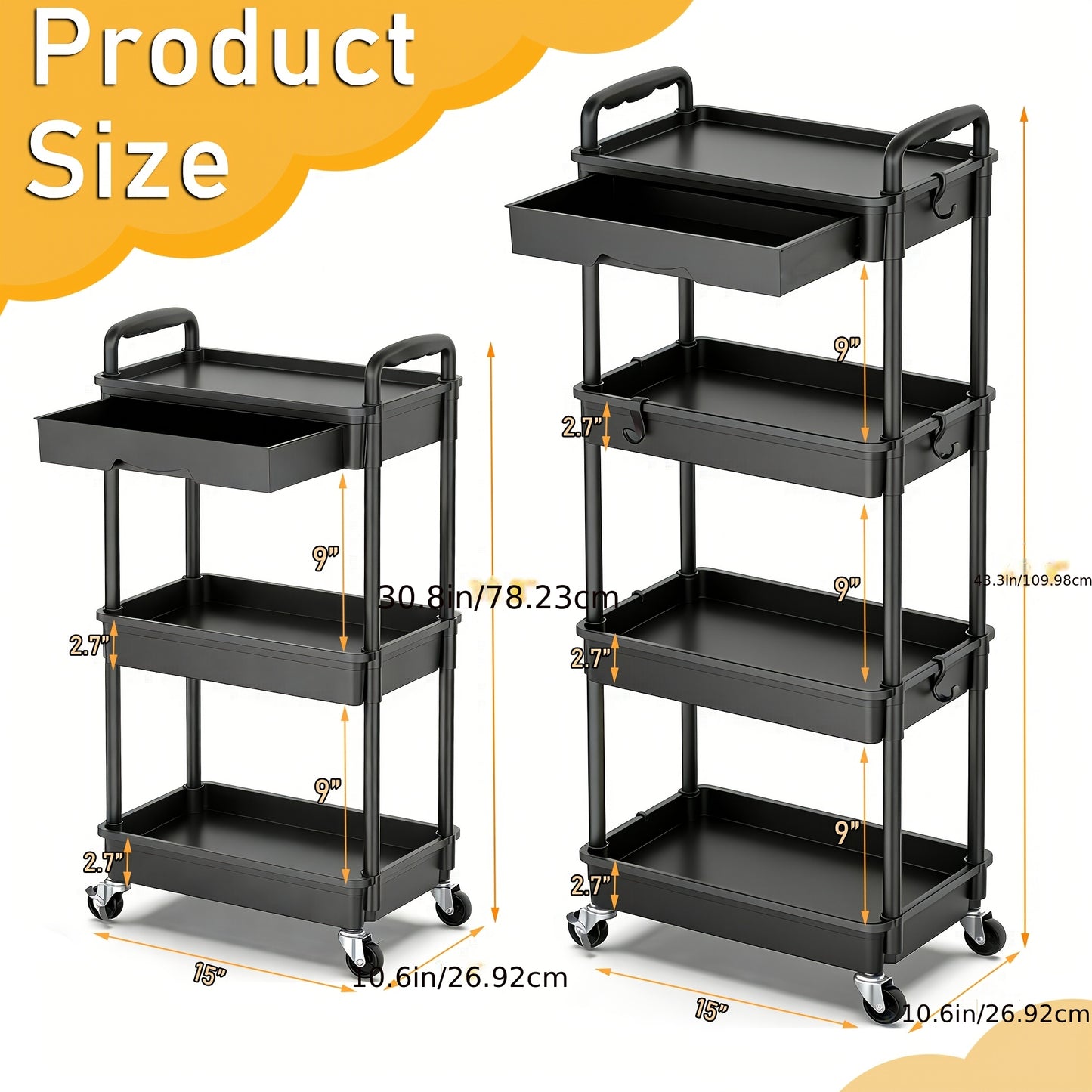 [Wedding Decorations Gift] Multi-Functional 3/4 Tier Rolling Storage Cart With Drawers - Durable Plastic Organizer With Lockable Wheels, Cup Holder & Hooks-Space-Saving Solution For Kitchen, Bathroom, Living Room - Ideal For Kitchen Accessories, Wedding D