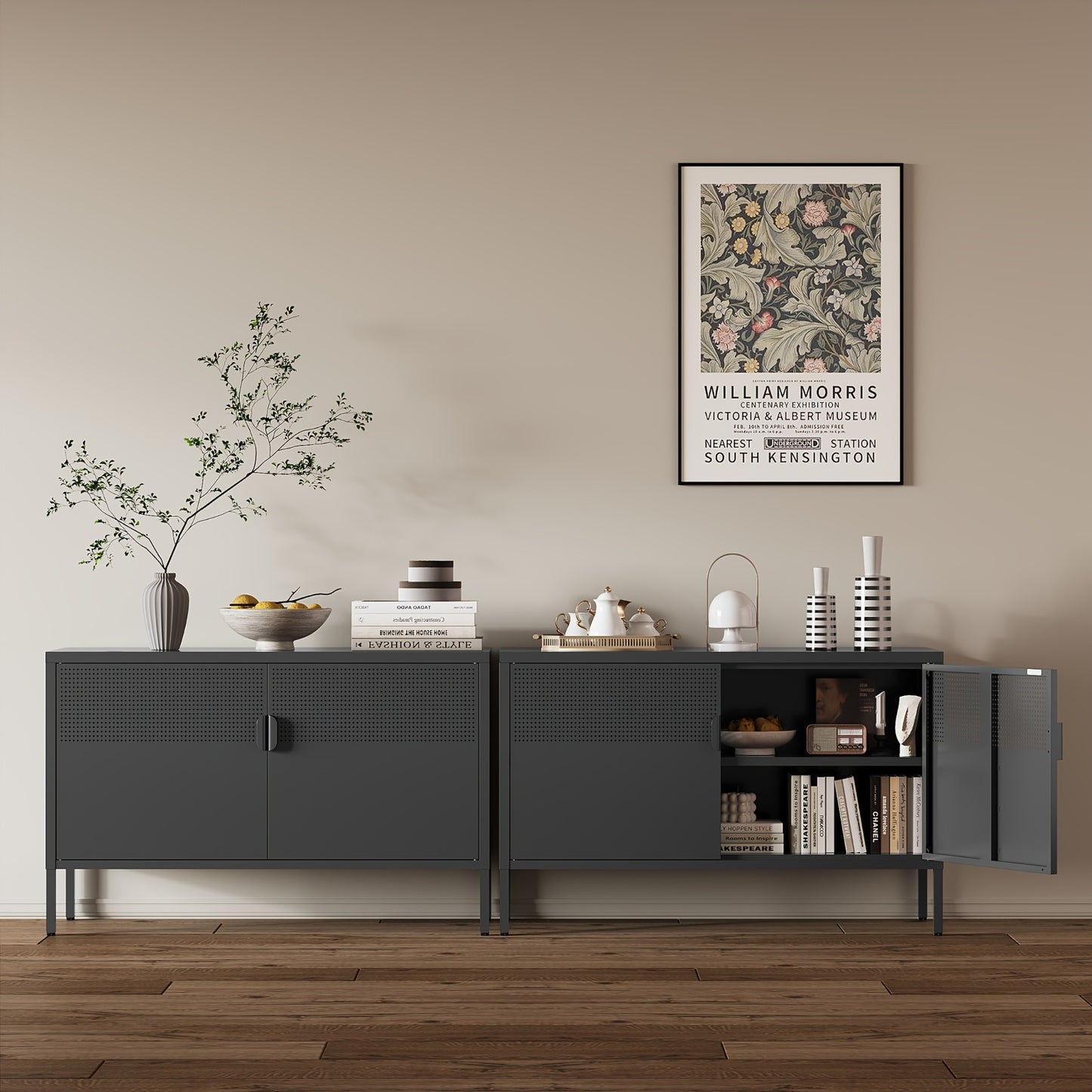 Two-Door Metal Storage Cabinet Featuring Adjustable Shelves - A Versatile 2-Tier Accent Cabinet Suitable for Home Office, Kitchen, Or Garage | Industrial Farmhouse Style Steel Cabinets