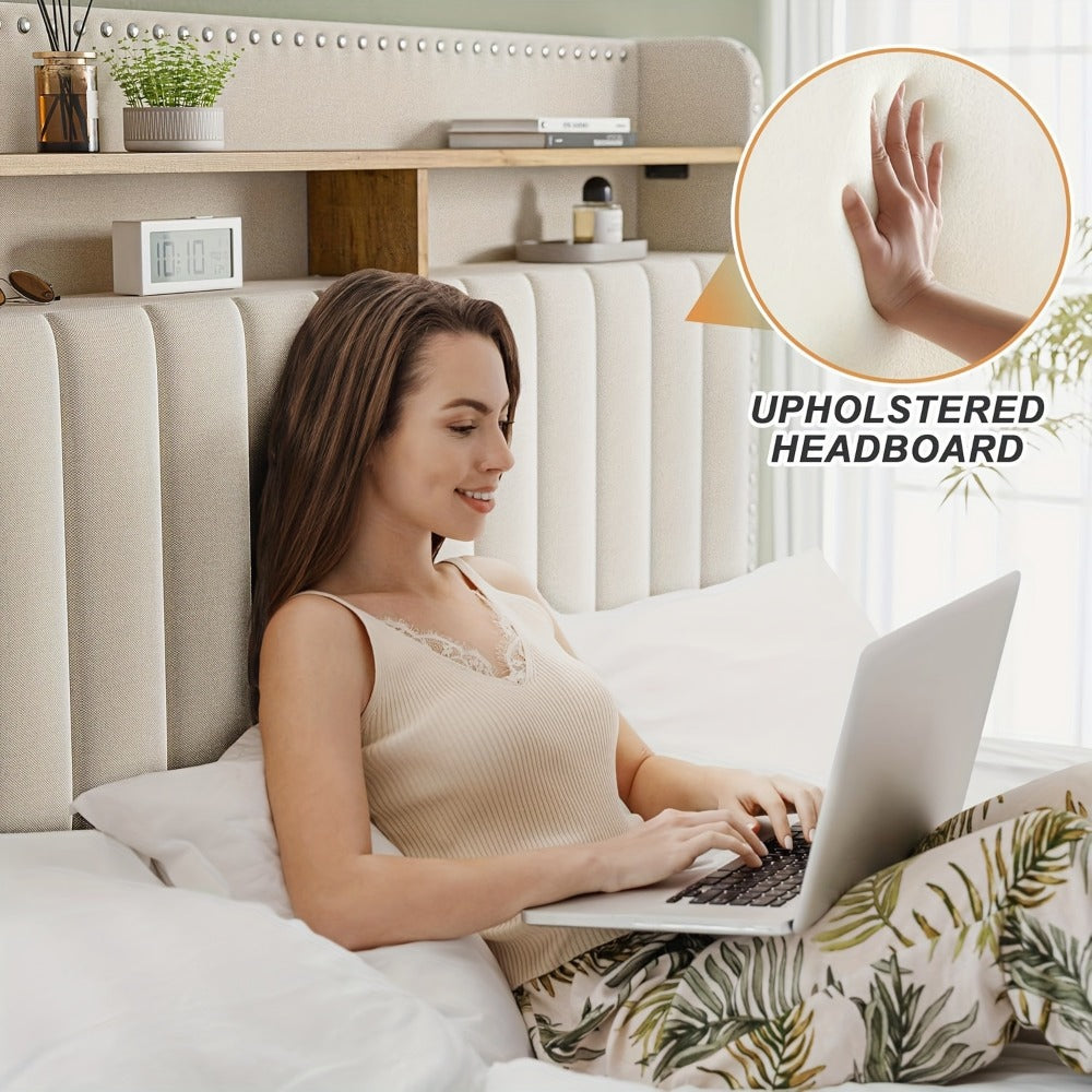 King Size Upholstered Bed Frame with Storage 2 Drawers 2-Tier Headboard Wood Slats No Box Spring Noise-Free Easy Assembly Modern Grey Beige