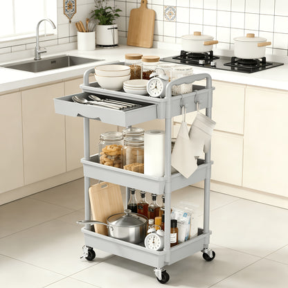 3/ 4 Tier Rolling Utility Cart with Drawer - Multifunctional Storage Organizer with Lockable Wheels&Plastic Shelves for Kitchen, Bathroom, Office, Living Room-Ideal for Industrial & Scientific Material Handling Solutions