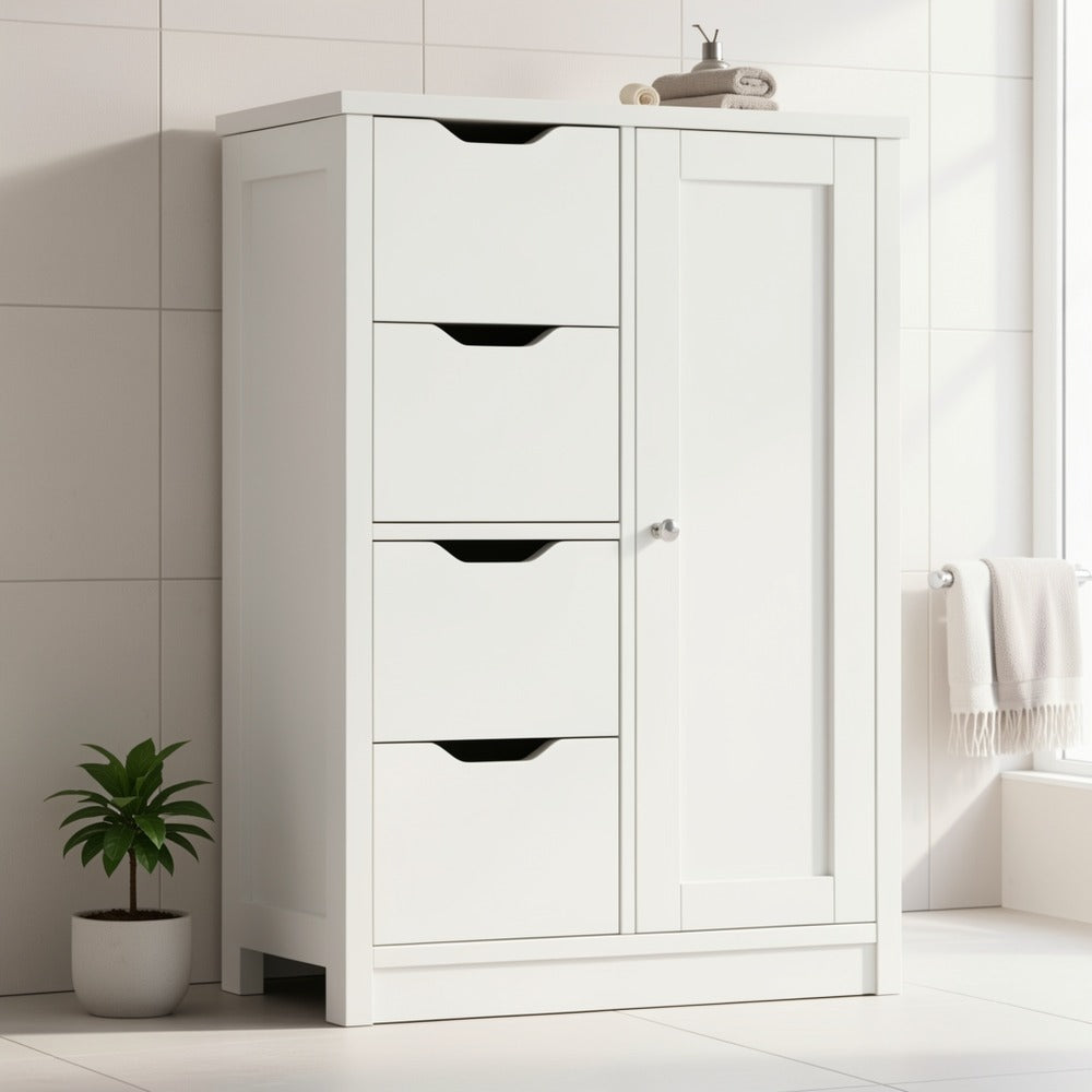 JAMFLY Wooden Bathroom Floor Cabinet, Side Storage Organizer Cabinet with 4 Drawers And 1 Cupboard, Freestanding Entryway Storage Unit Console Table, Home Decor Furniture