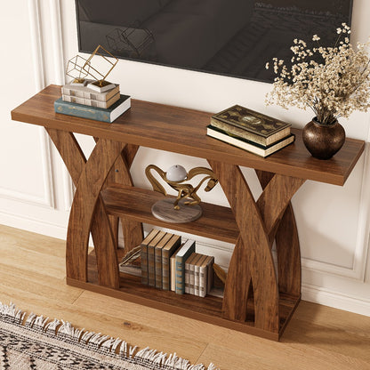 55 Inch Rustic Console Table X-Shaped Legs 2-Tier Shelf – Wooden Sofa Table for Living Room Entryway Hallway & Behind Couch, Light Brown & Tiger Brown