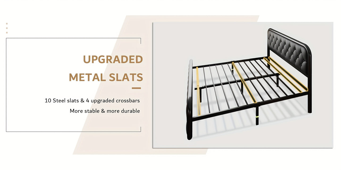 Valnase Metal Bed Frame, Platform Bed Frame with Faux Leather Headboard, Heavy-Duty Thicker Metal Steel Slats Support, 12'' Under-Bed Space, Easy Assembly