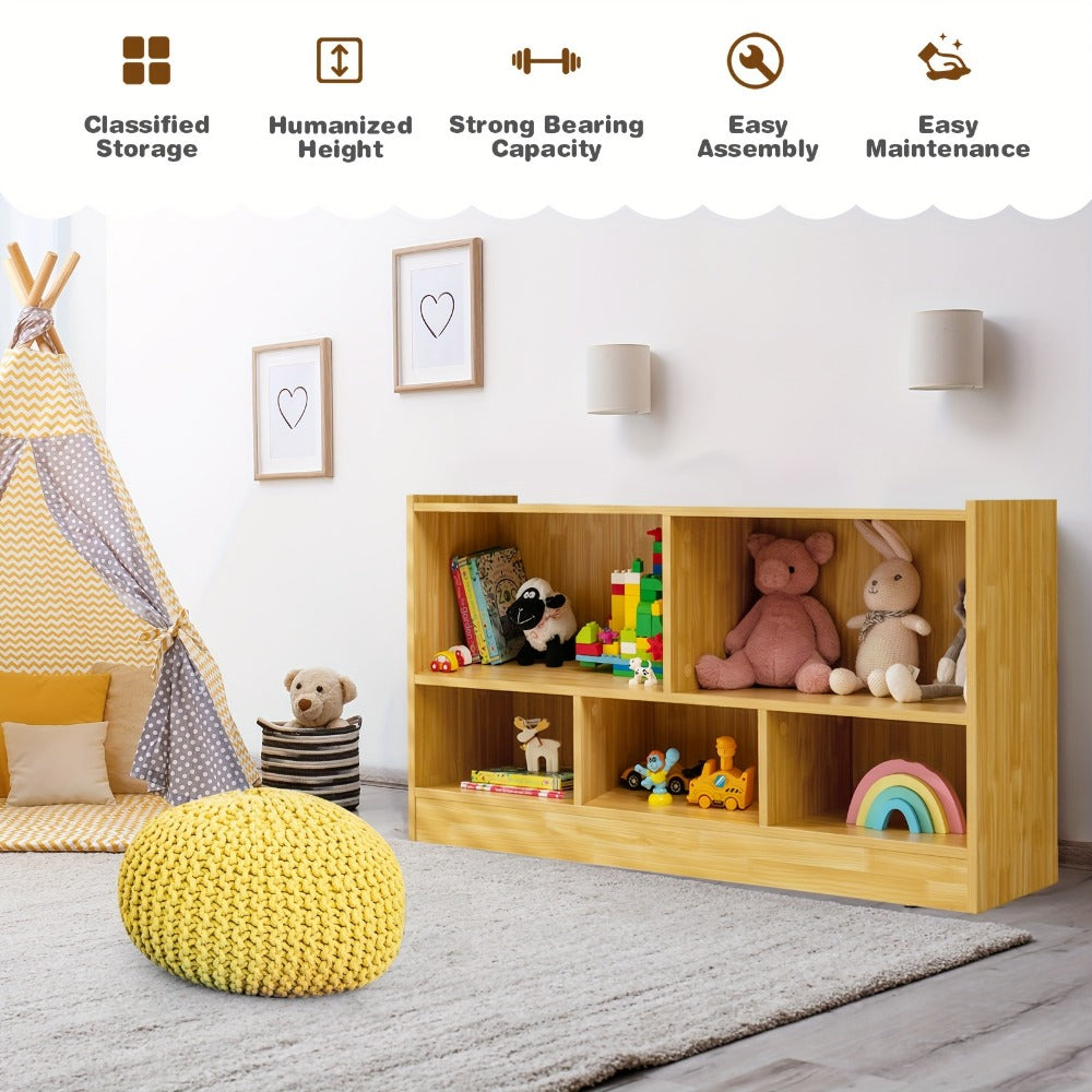 Beige Wood Storage Cabinet with 5 Cube Compartments and 2 Open Shelves Freestanding Bookcase Organizer for Living Room Bedroom Office