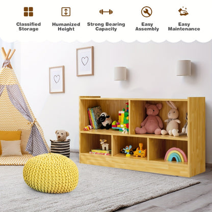 Beige Wood Storage Cabinet with 5 Cube Compartments and 2 Open Shelves Freestanding Bookcase Organizer for Living Room Bedroom Office