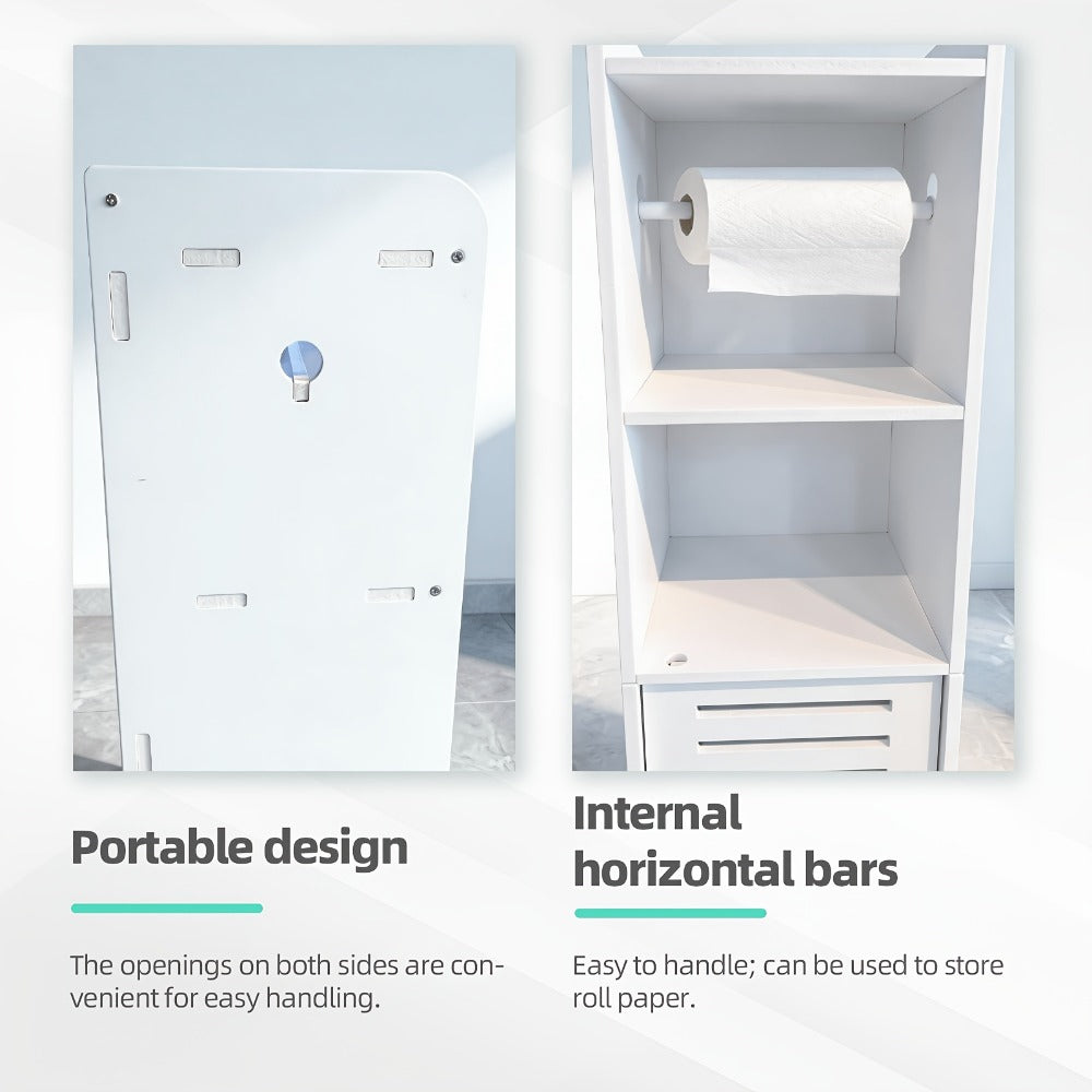 White Freestanding Bathroom Cabinet Multi-Tier Storage Shelf with Door, Moisture & Dust Proof Wood-Plastic Material for Small Spaces, Toilet Paper, Towels & Toiletries