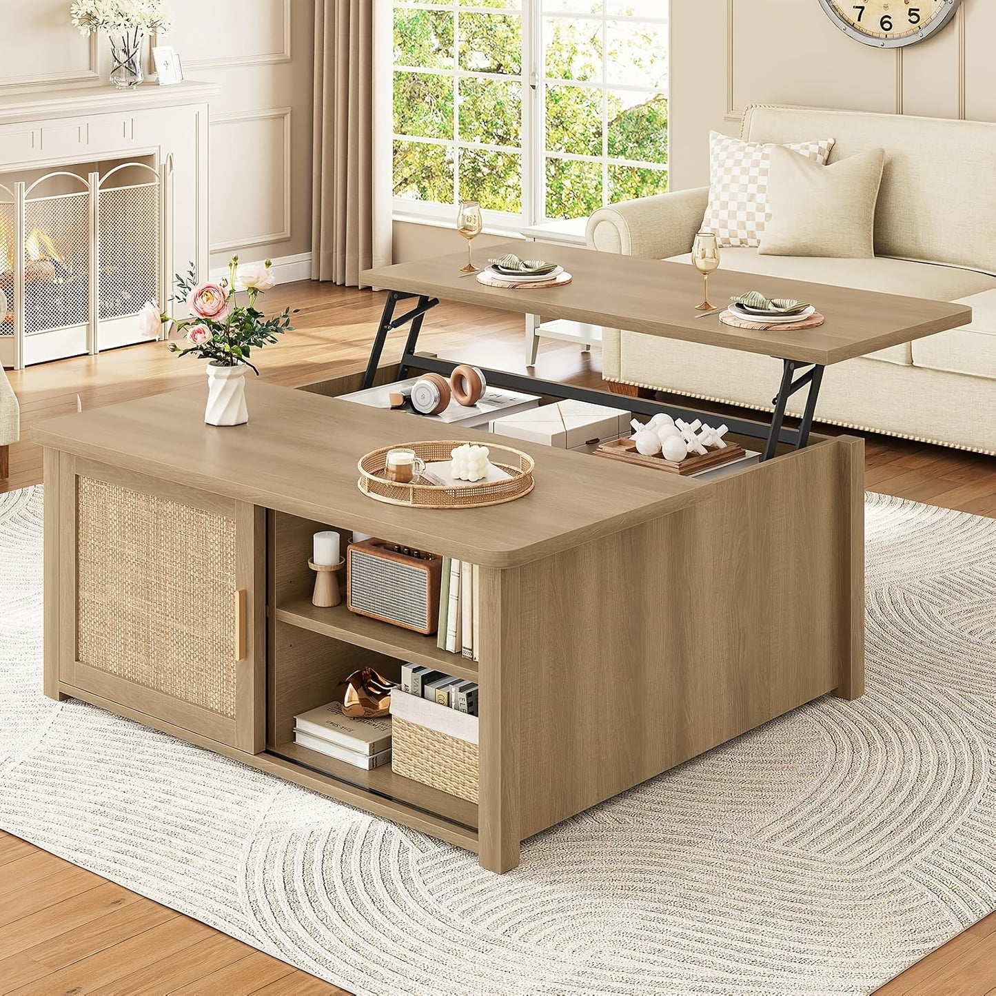 Farmhouse Lift Top Coffee Table with Storage, Square Coffee Table with Large Hidden Storage Compartment And Adjustable Shelves for Living Room, Black/White/Grey/Blue