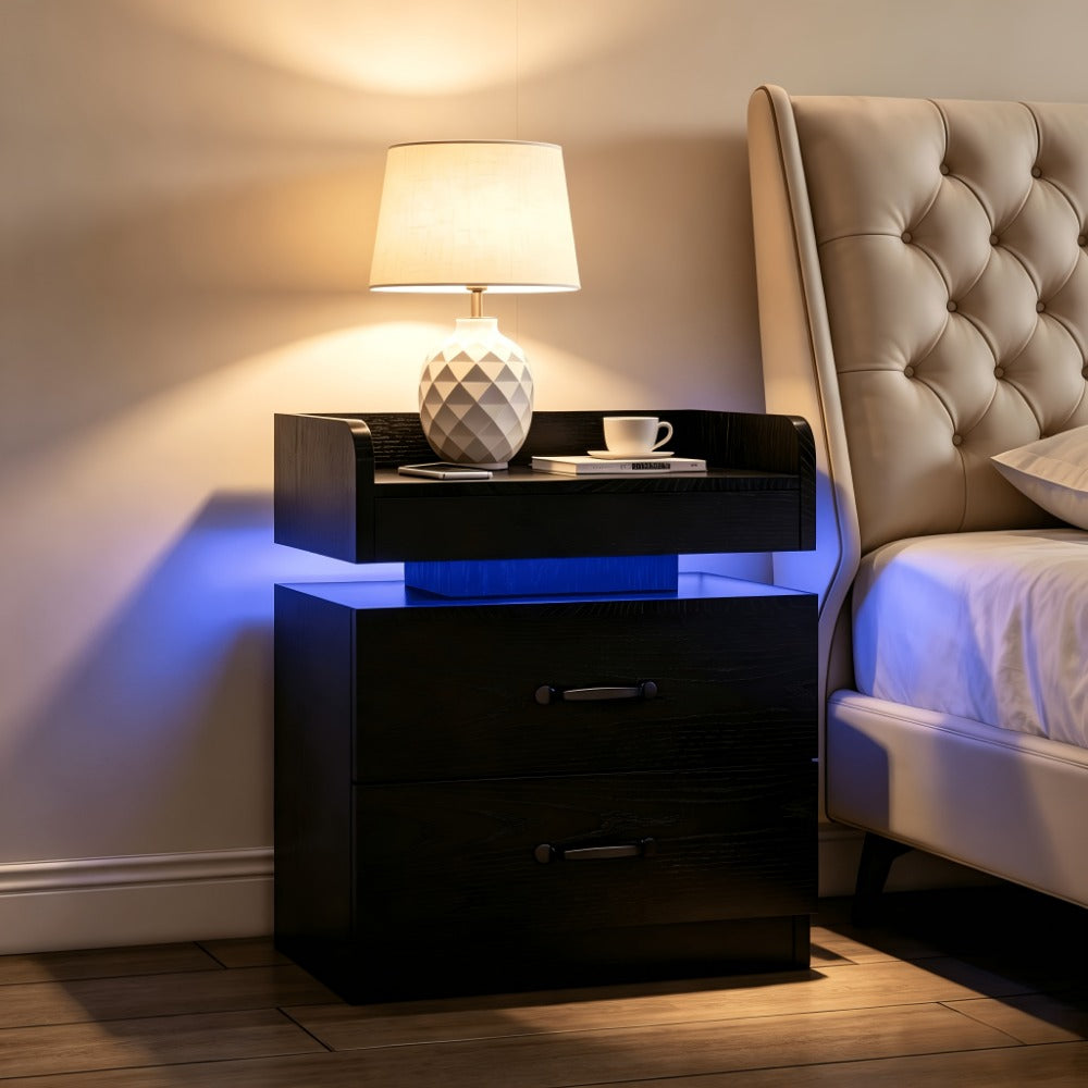 Nightstand with Charging Station LED Lights 2 Drawers Modern Black Bedside Table End Table with Storage for Bedroom Living Room