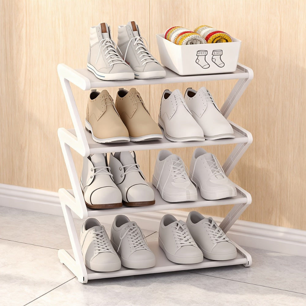Stackable Shoe Rack 4 Tier Z-Shaped Organizer with Independent Storage Boxes, Fabric Entryway Shelf for Living Room Bedroom Closet, Black White Pink