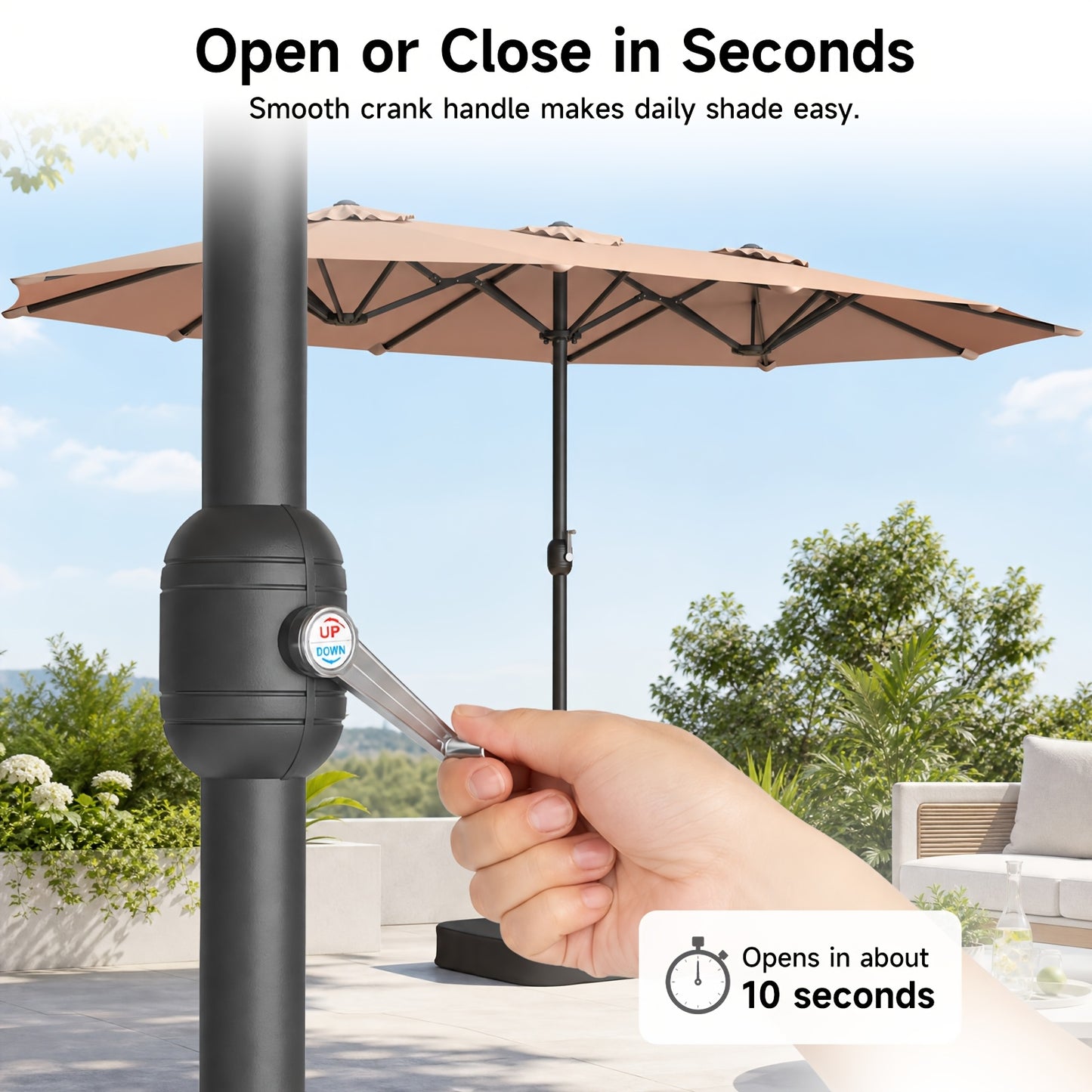 [Extra Large Shade Area] 1pc 15Ft Patio Umbrella with Base Included, Extra Large Shade Area, Double-Sided Rectangle with Crank Handle for Poolside, Garden, Yard, Beige/Blue/Red