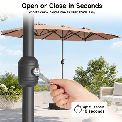 [Extra Large Shade Area] 1pc 15Ft Patio Umbrella with Base Included, Extra Large Shade Area, Double-Sided Rectangle with Crank Handle for Poolside, Garden, Yard, Beige/Blue/Red