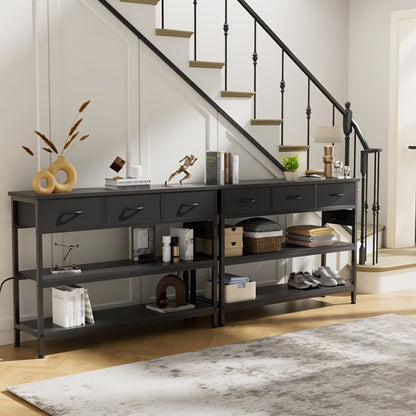 3-Tier Console Table with Charging Station 2 AC Outlets 2 USB Ports Fabric Drawers Open Shelves Narrow Entryway Sofa Table for Hallway Living Room Small Spaces
