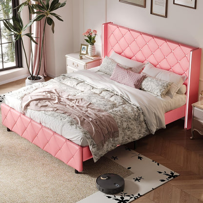 Diamond Tufted Bed Frame with Wingback Headboard & Silvery Side Wings – Upholstered, No Box Spring, Twin Full Queen King, 6 Colors