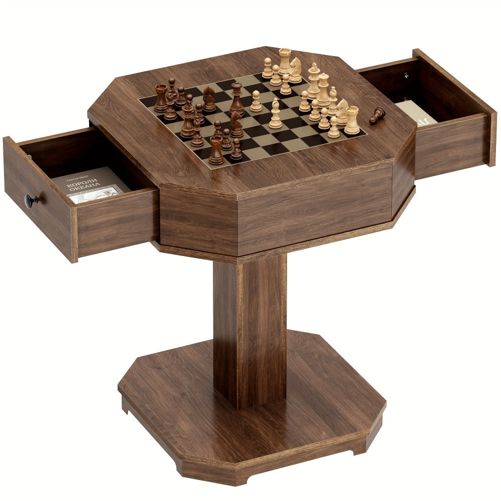 Chess & Checkers Game Table with 2 Storage Drawers - Walnut Wood Game Board Table, Family Board Game Table Doubles as Side Table, 220 LB Capacity, 23.6" Square
