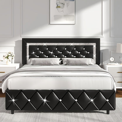 Upholstered Bed Frame with Diamond Tufted Headboard, Faux Leather Headboard and Footboard, Wooden Slat Support, No Box Spring Needed, Easy Assembly, Twin Full Queen King, Black