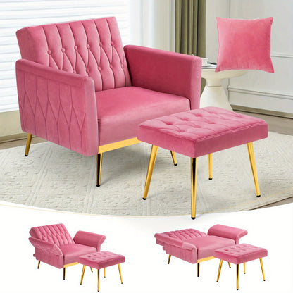 ACMEASE 31.5" Velvet Upholstered Single Chair with Adjustable Armrest And Back, Comfy Armchair with Movable Ottoman, Tufted Accent Chair with Soft Pillow for Living Room