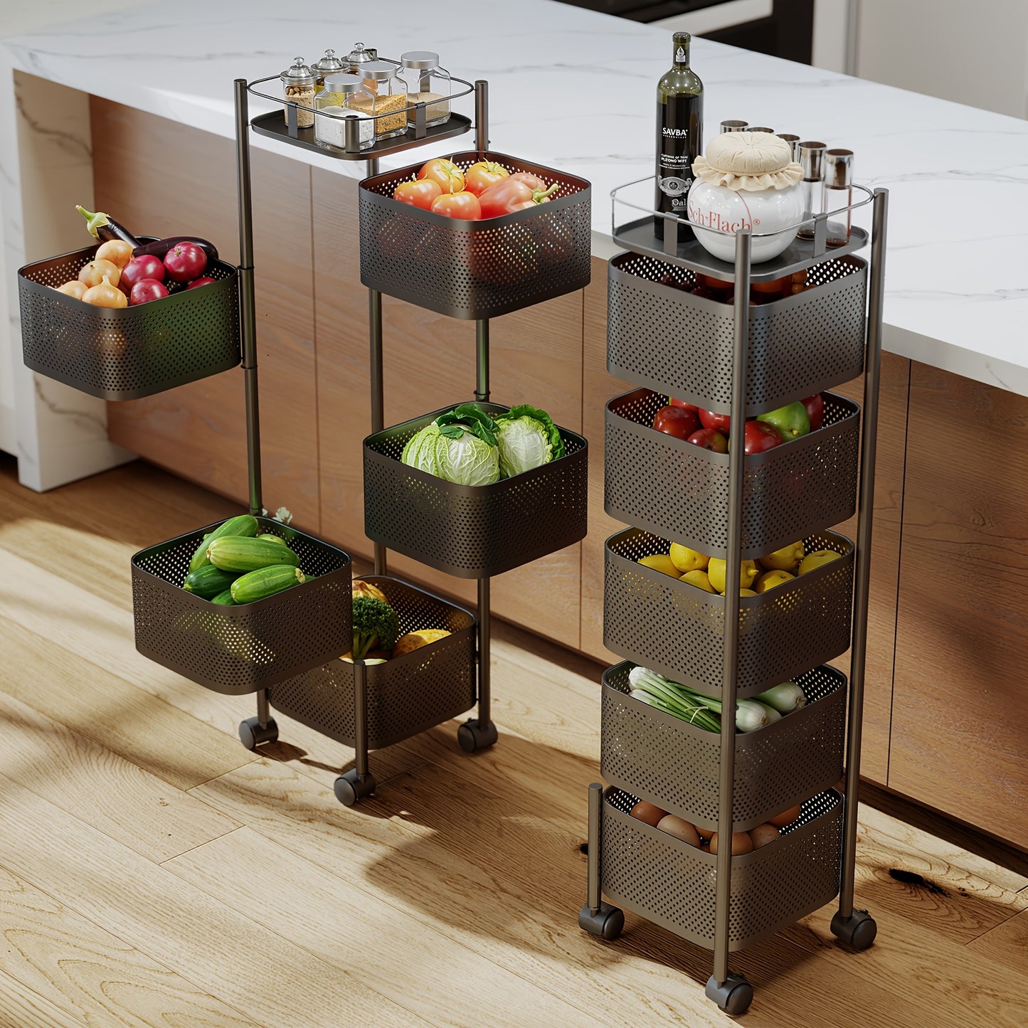 Rotating Kitchen Storage Shelf 5 Tier, Metal Fruit Vegetable Storage Basket Multi-Layer Vegetable Rack Storage Trolley on Wheels, Floor-Standing Basket for Kitchen Bathroom, Square