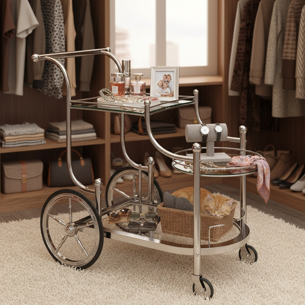 3-Tier Rolling Bar Cart, Mobile Serving Cart with Mirrored Glass Shelves & Wheels, Home Bar Beverage & Wine Cart for Dining Room, Living Room, Kitchen, Silvery, Bar Cart with Wheels, Home Entertaining, Party Serving Cart, Vintage Bar Cart