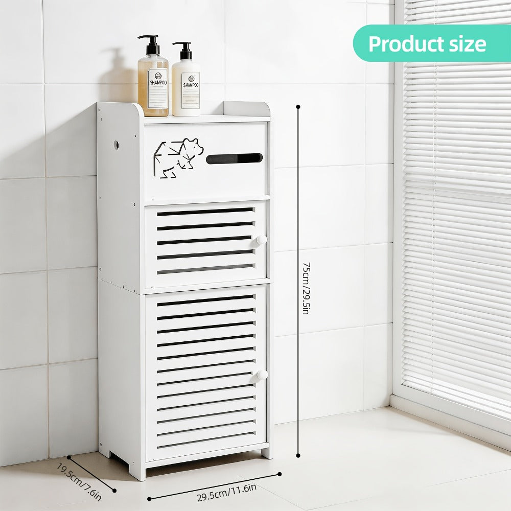 White Freestanding Bathroom Cabinet Multi-Tier Storage Shelf with Door, Moisture & Dust Proof Wood-Plastic Material for Small Spaces, Toilet Paper, Towels & Toiletries