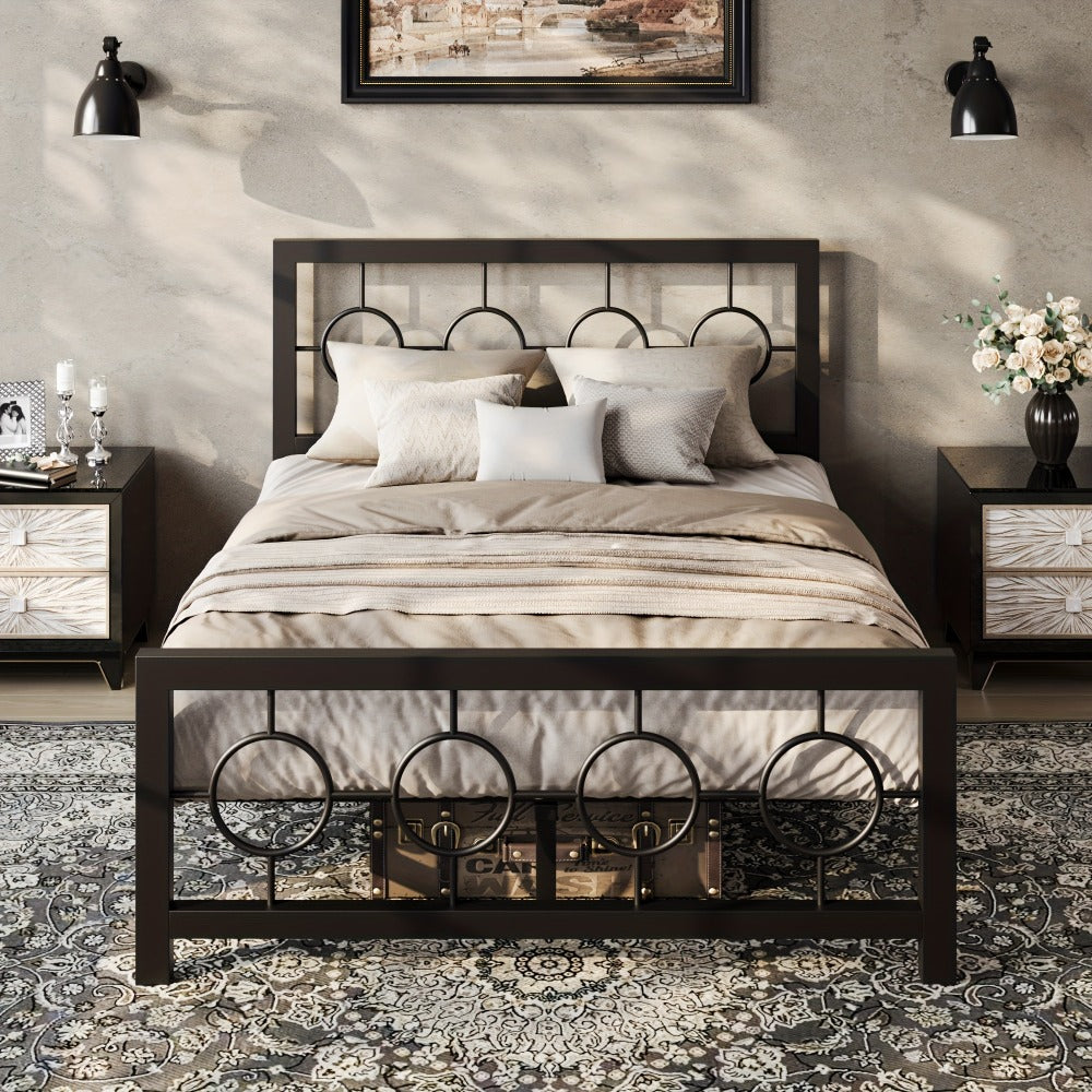 Metal Platform Bed Frame with Vintage Circular Design Headboard and Footboard Under Bed Storage No Box Spring Twin Full Queen King Black Brown