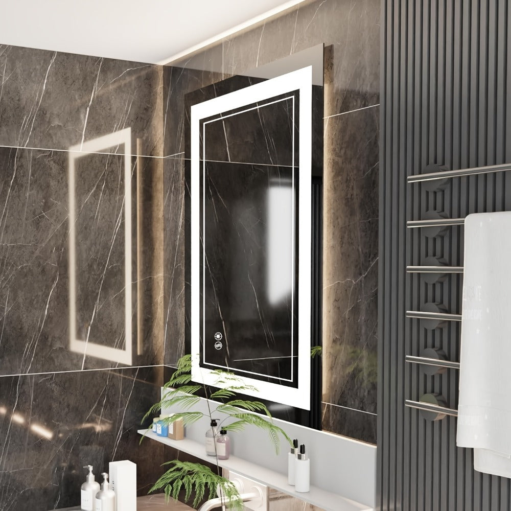 LED Bathroom Mirror Anti-Fog Dimmable with 3 Color Lights, Front & Backlit Smart Mirror Wall Mounted Horizontal/Vertical, Shatter-Proof Lighted Vanity Mirror for Bathroom Makeup, 24x32" & 24x36"