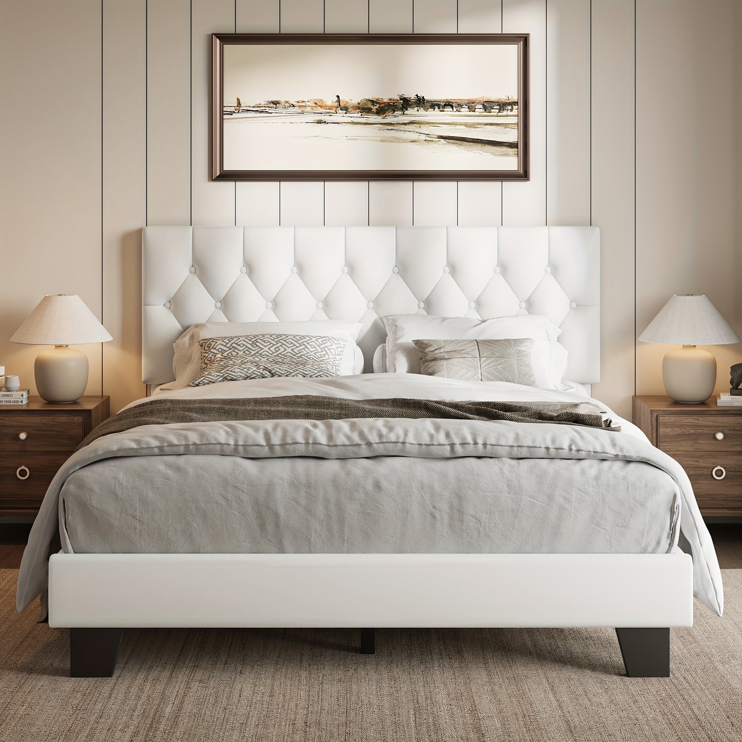 Platform Bed Frame with 21 Inch Soft Padded Headboard Striped or Button Tufted Solid Wood Slats Art Legs Twin Full Queen Black Linen Dark Grey White Velvet