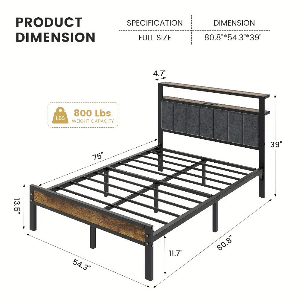 Metal Platform Bed Frame with LED Headboard & Type-C Charging Station – 2-Tier Storage, No Box Spring Needed, Twin Full Queen King