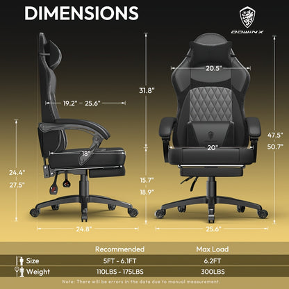 Ergonomic Gaming Chair with Pocketed Spring Cushion And Massage Lumbar Support - High Back Office Chair with Adjustable Footrest, 300LBS Load Capacity, Premium Black Adult PU for Ultimate Comfort!