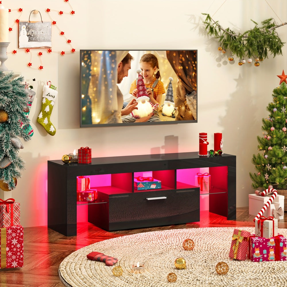 Contemporary LED TV Stand with Storage Drawers, High Gloss Media Console Table for TVs up to 80 Inch, Entertainment Center for Living Room Game Room Bedroom, 51" 63" 71" Sizes Black White Brown