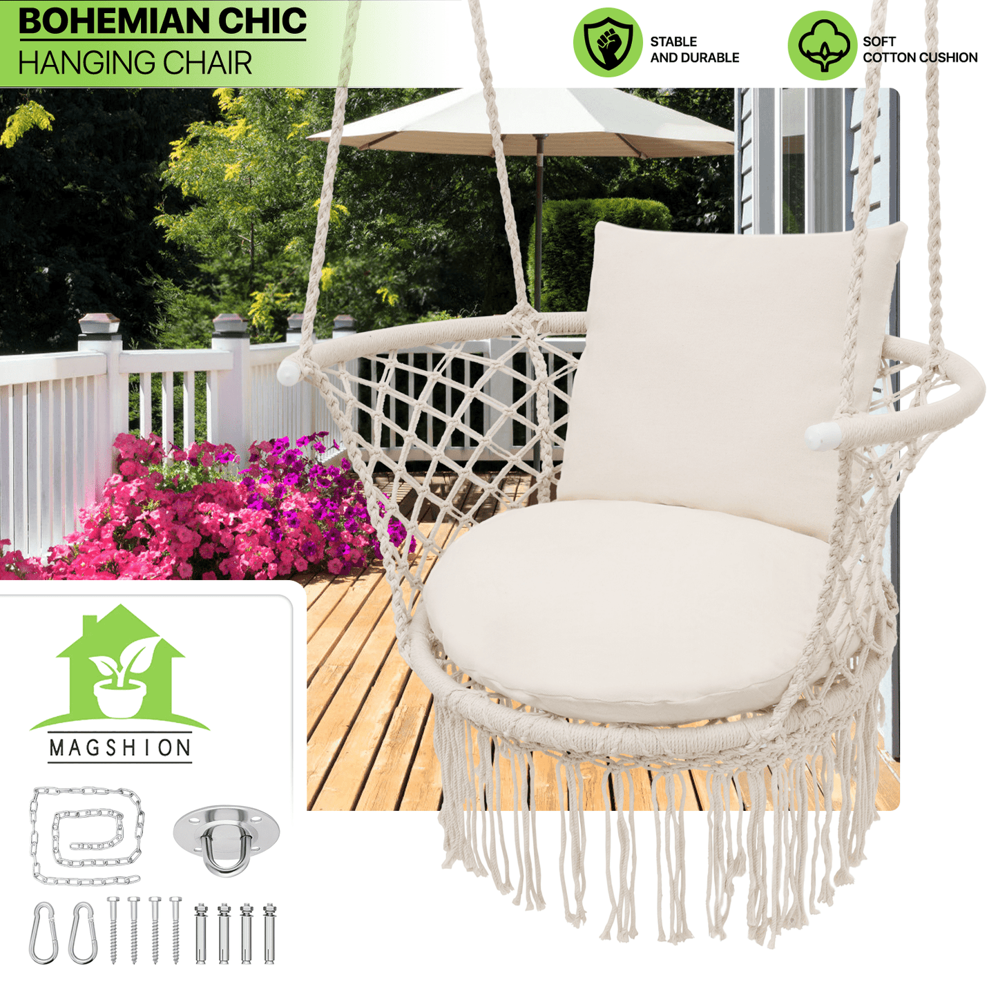 Magshion Macrame Hanging Swing Chair, Boho Style Hanging Rope Hammock Chair w/Tassels Max 350 lbs for Porch, Balcony,Outdoor
