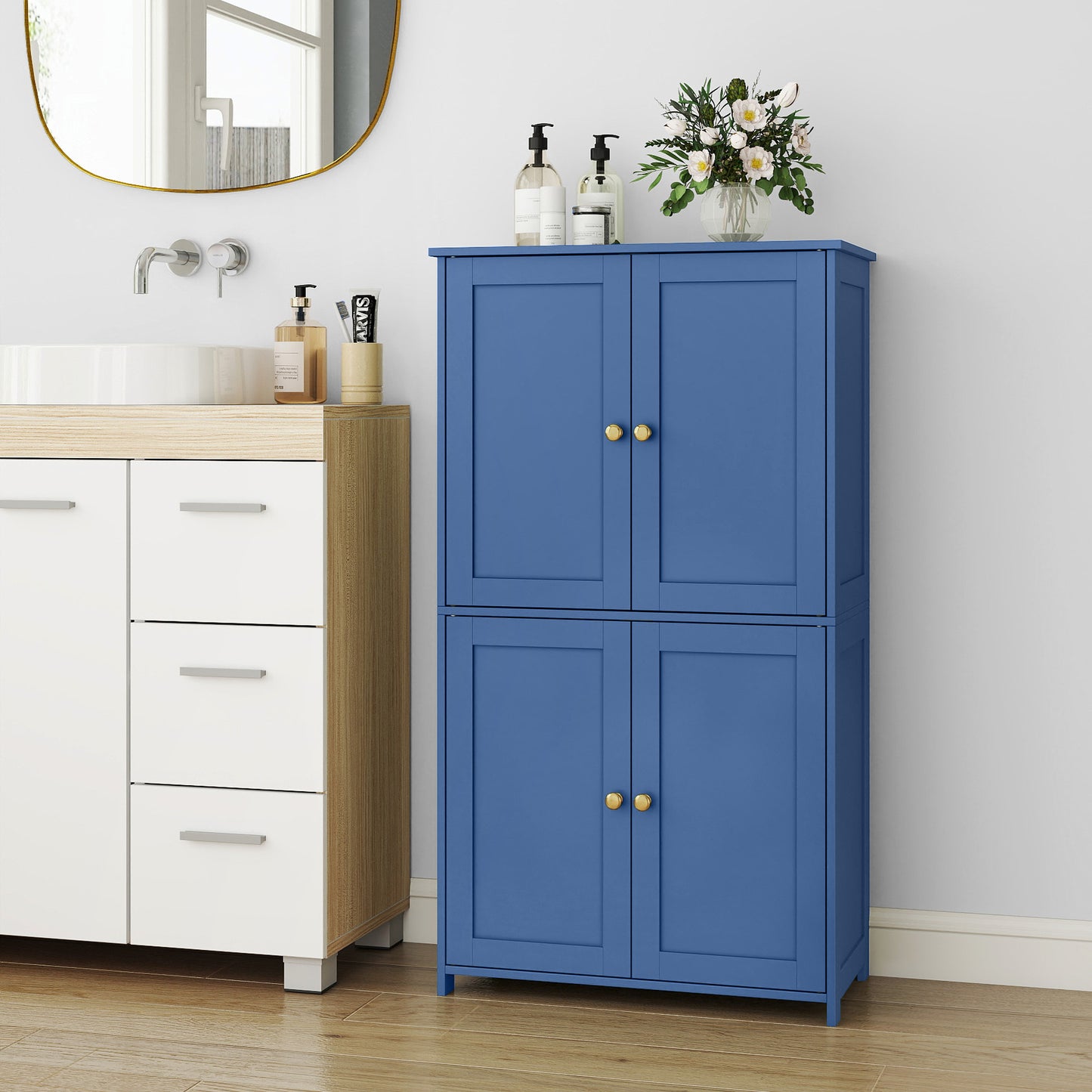 Tall Freestanding Storage Unit with Four Doors And Two Adjustable Shelves, Suitable for Organizing Kitchens, Bathrooms, And Living Rooms