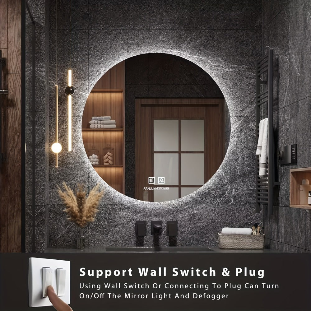 LED Bathroom Mirror with Lights 23.6 Inch Round Dimmable, Wall Mounted Vanity Mirror Tempered Glass Memory Function Plug-in Hardwired for Bathroom Makeup Modern Decor
