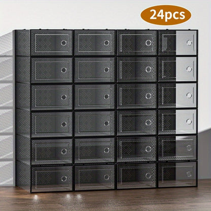 Clear Stackable Shoe Boxes with Lids 6, 12 or 24 Pack, Plastic Shoe Storage Organizer for Closet Sneaker Display, Modular Space Saving Shoe Containers, Black White