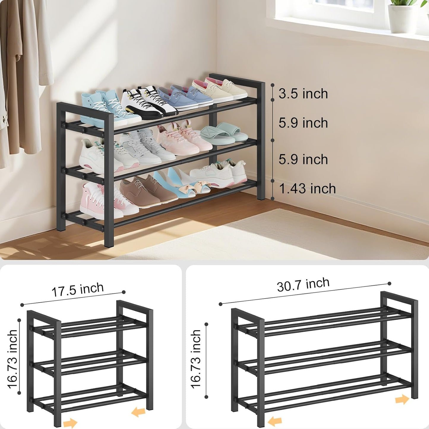 3-Tier Expandable Shoe Rack | Adjustable Heavy-Duty Metal Shoe Organizer Shelf for Closet, Entryway, Mudroom & Garage - Durable Freestanding Storage, Black