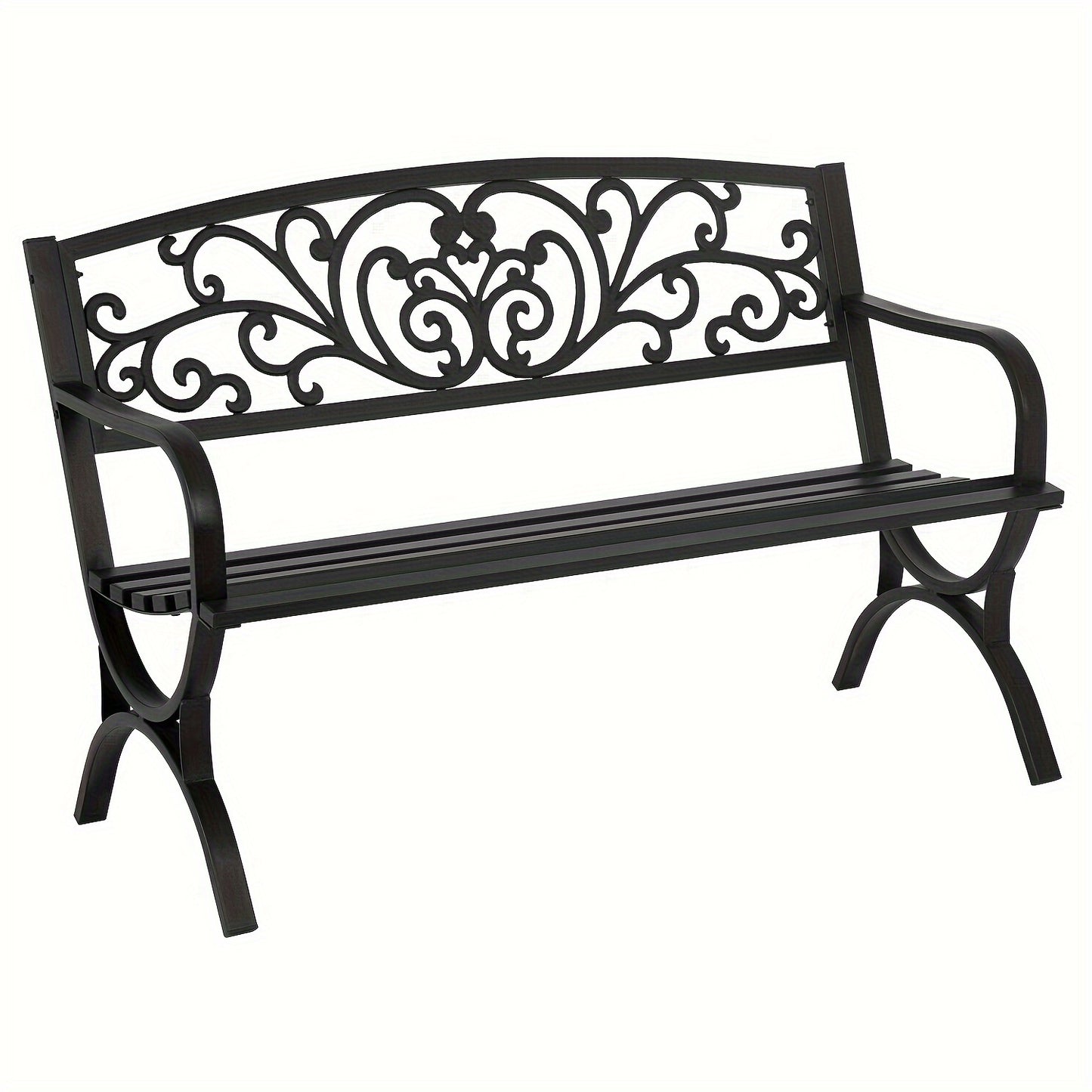 Cast Iron Steel Frame Garden Bench Patio Furniture Chair Outdoor Bench W/Floral Design Backrest, Slatted Seat for Park, Yard & Por