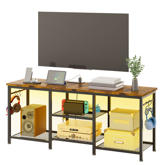 TV Stand with Charging Station, Easy TV Stand with LED Lights, Storage Cabinet with 4-Tier Open Storage Shelves, TV Stand for Tvs Up to 55In, for Living Room, Bedroom And Game Room, Easy to Assemble