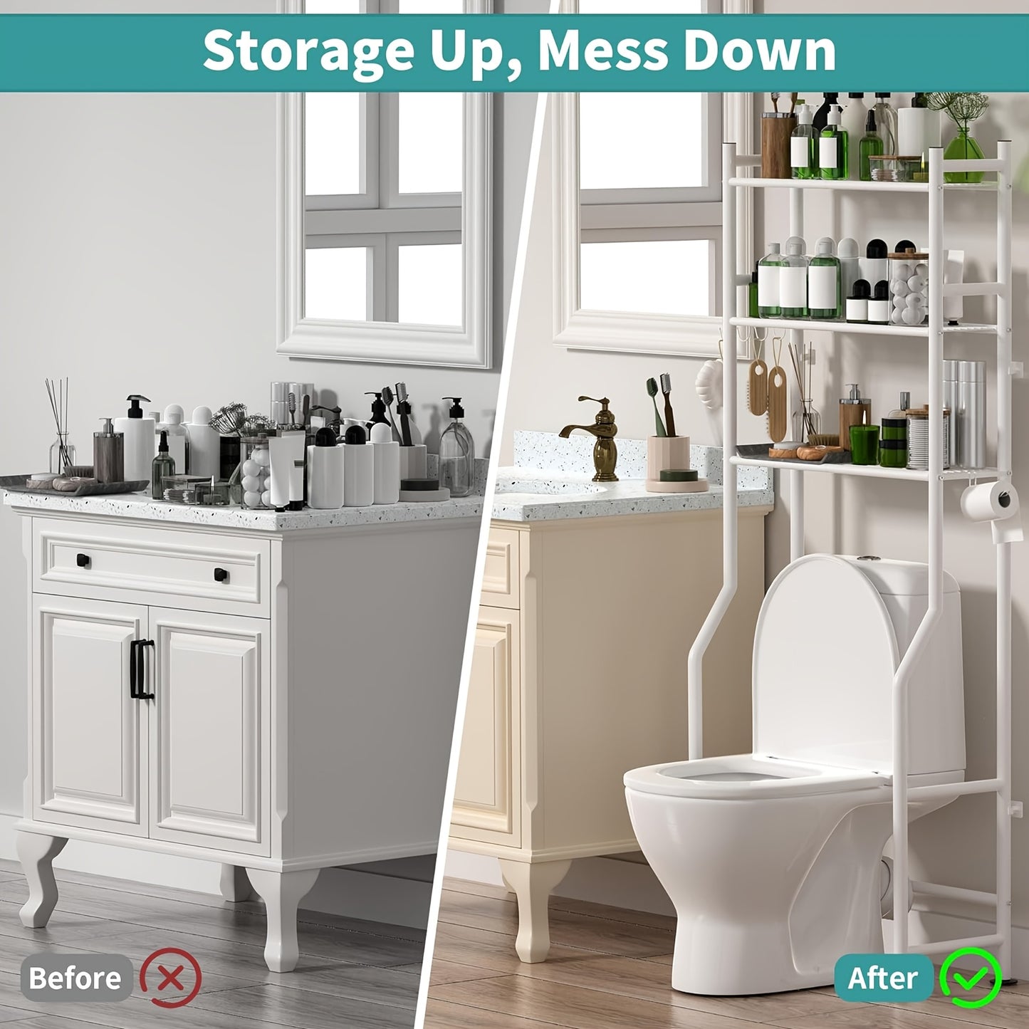 Three-Tier Storage Shelf Designed to Fit Over The Toilet, This Metal Organizer Helps Save Space in Bathrooms And Includes Four Hooks. It Can Also Be Used in Kitchens And Laundry Rooms, Providing a Freestanding Solution Without The Need for Drilling
