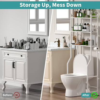 Three-Tier Storage Shelf Designed to Fit Over The Toilet, This Metal Organizer Helps Save Space in Bathrooms And Includes Four Hooks. It Can Also Be Used in Kitchens And Laundry Rooms, Providing a Freestanding Solution Without The Need for Drilling