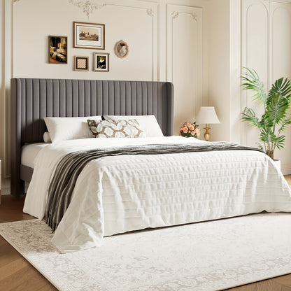 [Velvet Platform Bed Frame] WEEWAY Wingback Velvet Upholstered Platform Bed Frame, Vertical Channel Tufted Headboard, Wooden Slats Support, Heavy Duty Mattress Foundation, No Box Spring Needed, Easy Assembly, Avabliable Full/Queen/King Size, Free Shipping