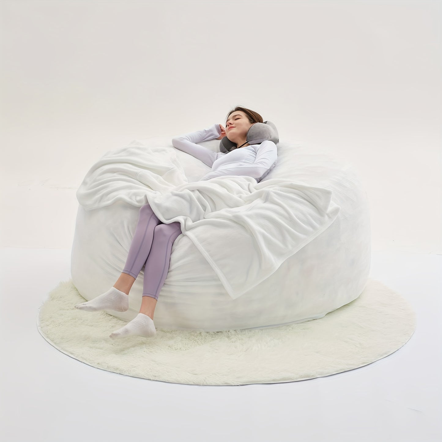 Beanbag Sofa Chair Set, Contains Bean Bag Chair, U-Shape Pillow, Blanket, And 6FT Carpet. Large Round Soft Removable Machine Washable Beanbag Sofa, with Filling, 50 Lb Memory Sponge Filled Living Room Bedroom Gamingroom Sofa Bed Relaxation