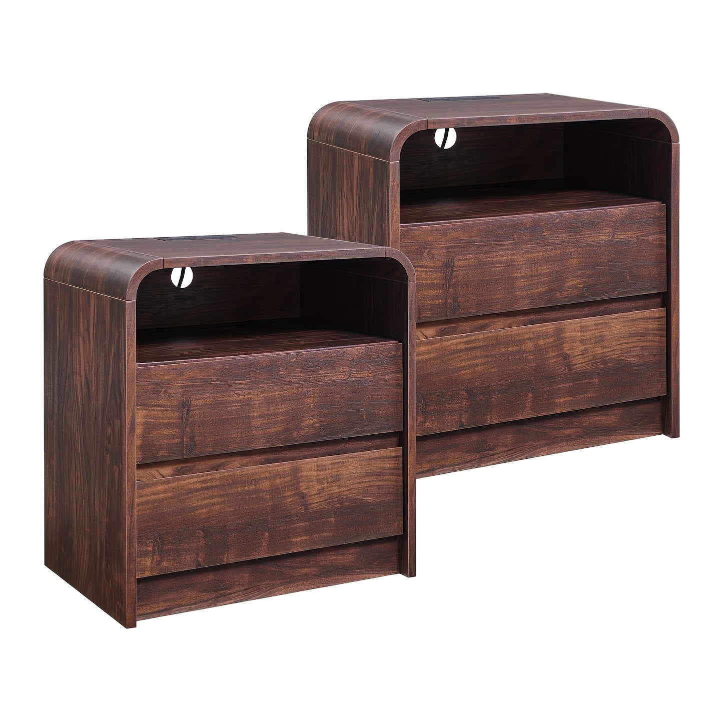 25" Tall Modern Nightstand with Charging Station, Wood Bedside Table with 2 Storage Drawers, Large Mid Century End Table for Bedroom, Living Room, Curved Profile Design