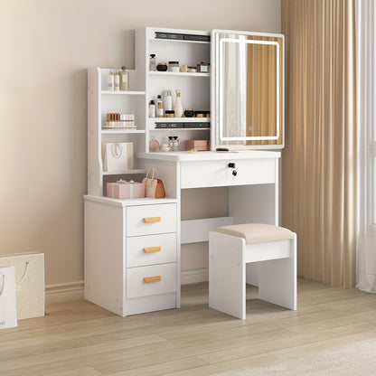 A Vanity Table Featuring a Sliding Mirror And Lighting Options, Adjustable Brightness with Three Color Modes, Designed in a European Style. This Makeup Vanity Set Includes Drawers, a Stool, And Open Shelves