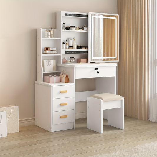 A Vanity Table Featuring a Sliding Mirror And Lighting Options, Adjustable Brightness with Three Color Modes, Designed in a European Style. This Makeup Vanity Set Includes Drawers, a Stool, And Open Shelves