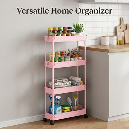 4 Tier Slim Rolling Storage Cart with Wheels, Kitchen Organizer Utility Cart, Utility Cart, 4-Wheel Space-Saving Mobile Organizer, Mobile Shelving Unit Tower Rack, for Narrow Space On Kitchen Bathroom Laundry Room Bedroom Apartments Dormitory