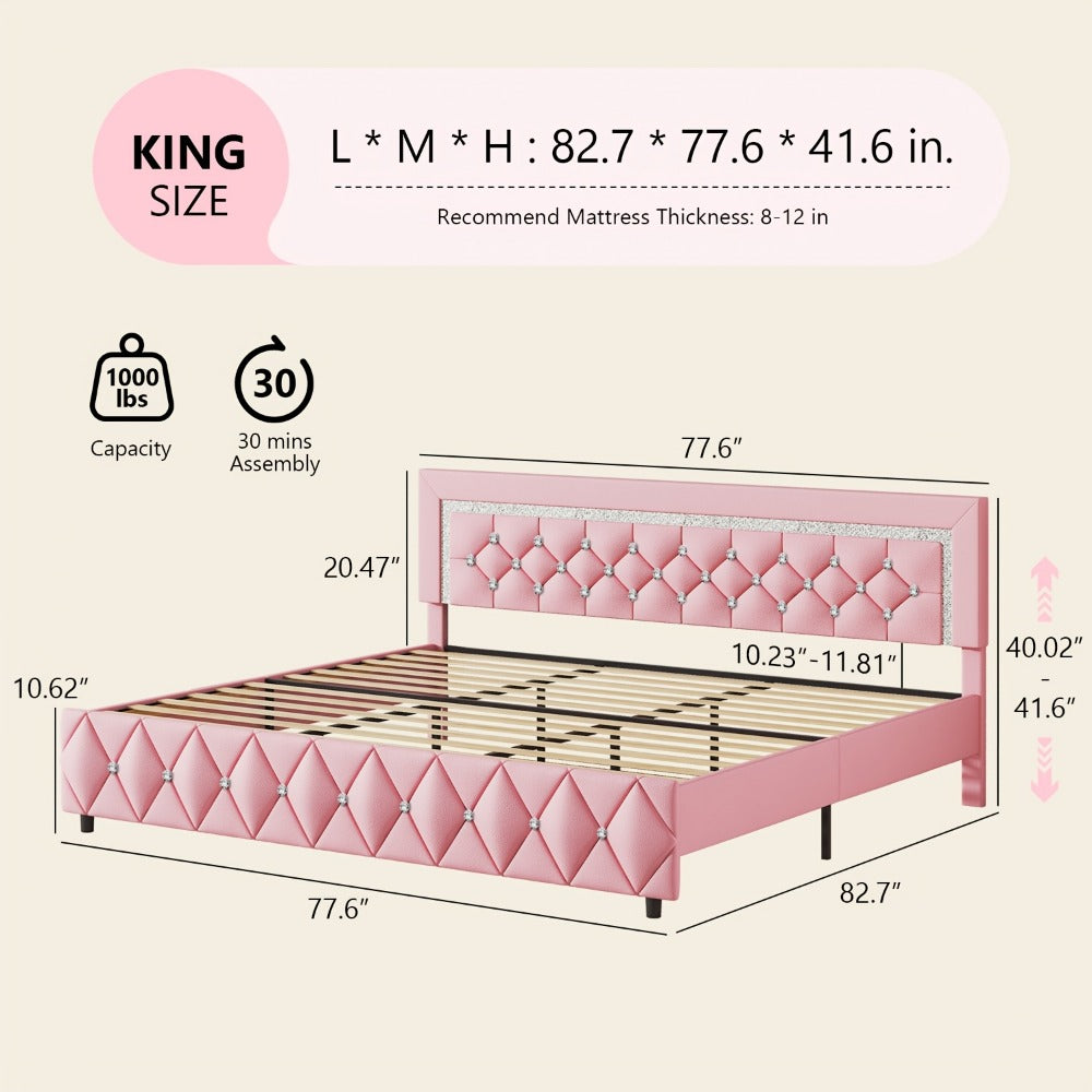 Upholstered Platform Bed Frame with Button-Tufted Diamond Headboard – Wooden Slats, No Box Spring Needed, Twin Full Queen King, Black White Pink Green Gray Beige