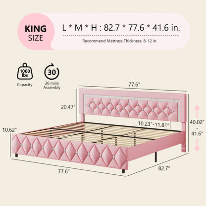 Upholstered Platform Bed Frame with Button-Tufted Diamond Headboard – Wooden Slats, No Box Spring Needed, Twin Full Queen King, Black White Pink Green Gray Beige