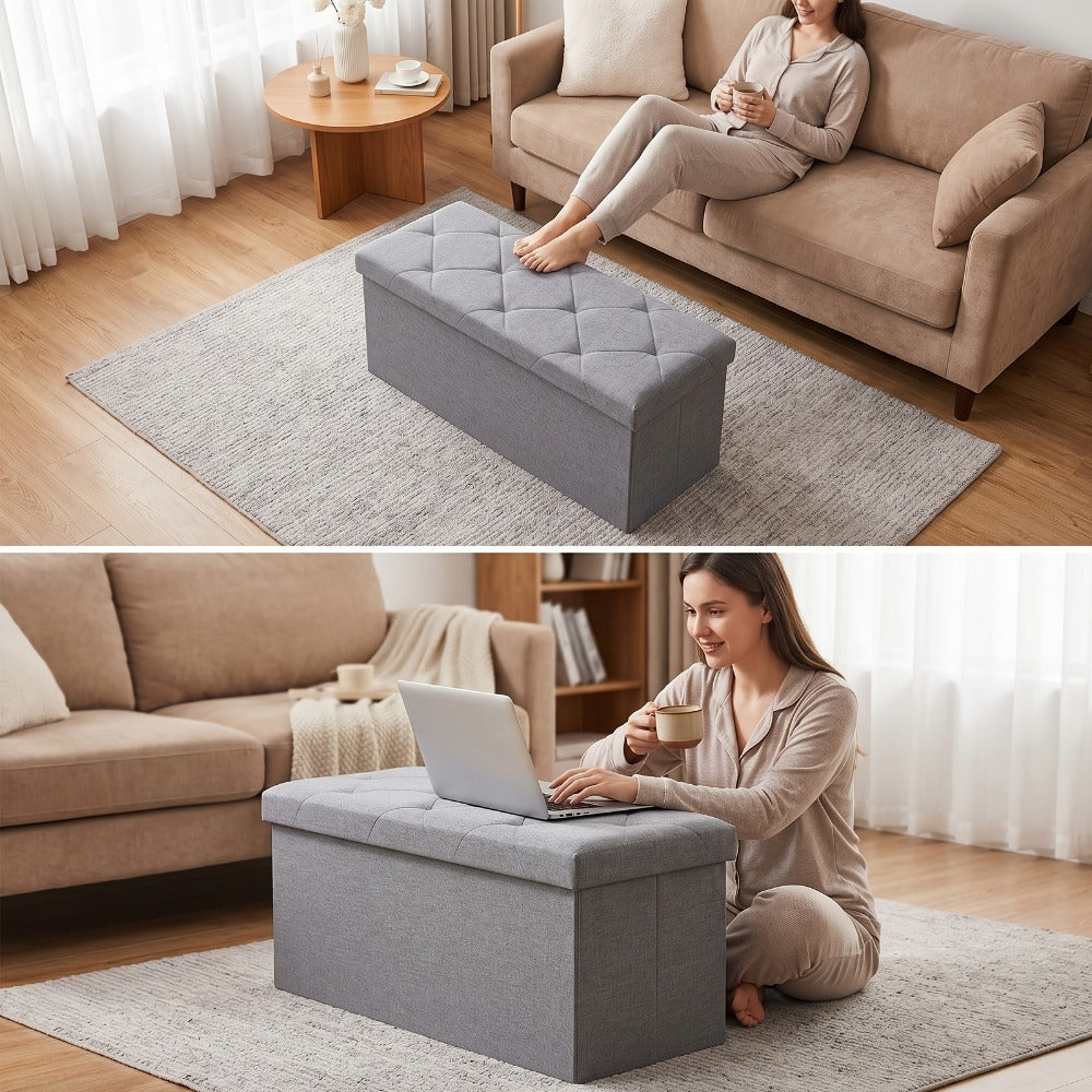 Outdoor Storage Ottoman Bench 30 & 43 Inch Folding Deck Box with Padded Seat, Patio Furniture Storage Chest End of Bed Bench for Living Room Bedroom Garden, Grey